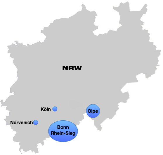 Standorte von Die Mantrailer e.V.: Nörvenich, Köln, Gummersbach, Region Bonn Rhein/Sieg, Olpe